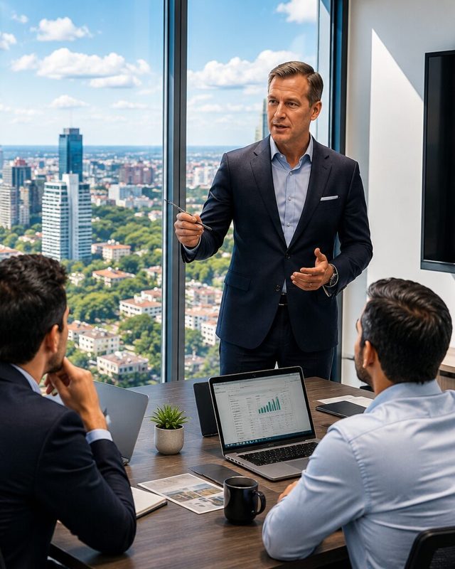 A presenter standing at a boardroom table before floor-to-ceiling windows, walking colleagues through the numbers on a deal