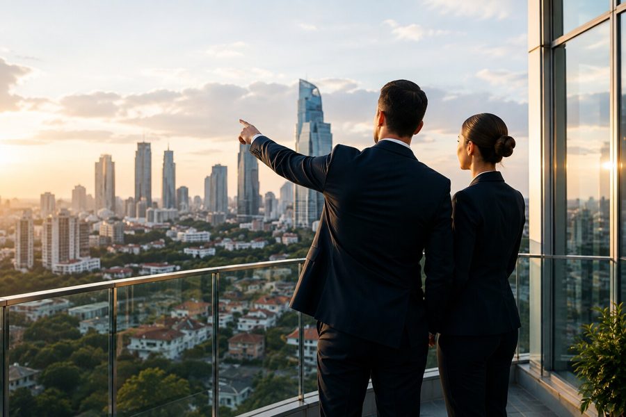 Two executives on a high-rise balcony looking out over a city skyline at sunset